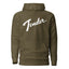 Olive Green gender affirming tender hoodie guitar logo text