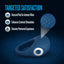 Blue textured  vibrating c stim ring with 'Targeted Satisfaction' text and features on a dark background