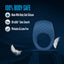 Blue silicone vibrating C Stim  ring with feather accents on a dark blue background, featuring text about body-safe materials.