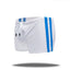 Cake Bandit white swim truinks with blue stripes and black and white drawstring caps