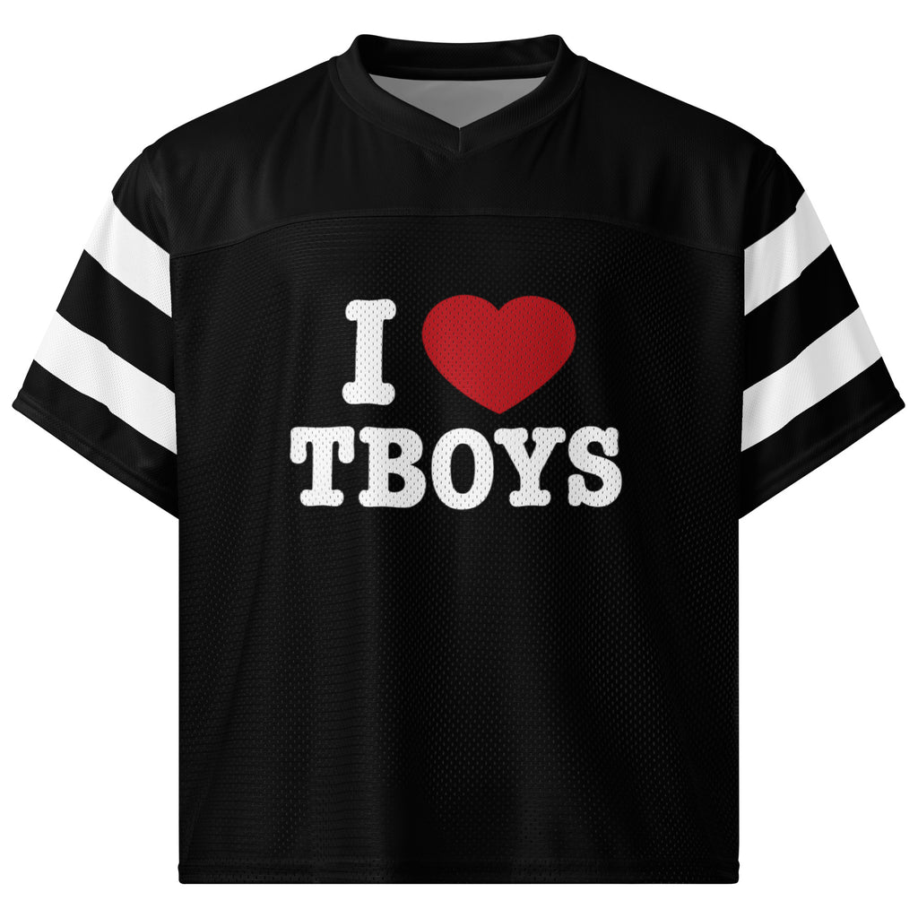 I ❤️ TBOYS Boxy Football Jersey – White Sleeve Stripes | Trans