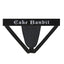 Black thong with 'Cake Bandit' text on a white background inside view