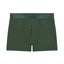 Dark Green Cake Bandit 3" STP boxer briefs with a discrete green on green brand logo on the waistband and against a white background inside opening view