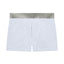 Heather Grey Cake Bandit 3" STP boxer with a discrete grey on grey brand logo on the waistband and against a white background inside opening view