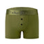 Olive Cake Bandit 3" STP monochrome boxer briefs with  a discrete olive green on olive green brand logo on the waistband and against a white background front view