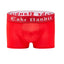 Red swim boxer briefs with a white 'Cake Bandit' waistband on a white background