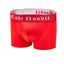 Red swim fabric boxer briefs with a red waistband featuring white text on a white background