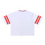 Back view of the white Smells Like T Spirit boxy mesh t-shirt with red stripes on sleeves and collar on a white background