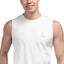 Close-up of otter chest embroidery on white sleeveless tank top