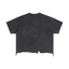 Faded black vintage wash boxy t-shirt back view with a ragged distressed hem
