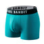 Side view of Aqua Cake Bandit 3" boxer Briefs original logo in white on black waistband on white background