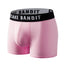 Side view pink Cake Bandit packing 3" Boxer Briefs original logo in white on black waistband on white background