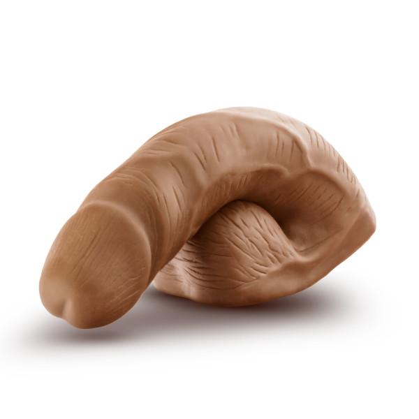 The Performance 5 inch Packer a realistic elastomer packer with a soft skin texture and a tinted head, designed for comfort and discreetness, Mocha color, front view.