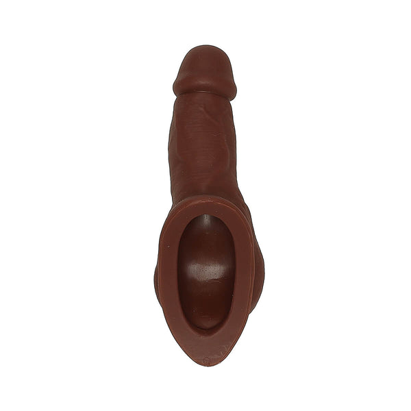 A stand-to-pee device made of flesh-colored silicone, showing measurements of 4 inches in length and 3 inches in circumference.