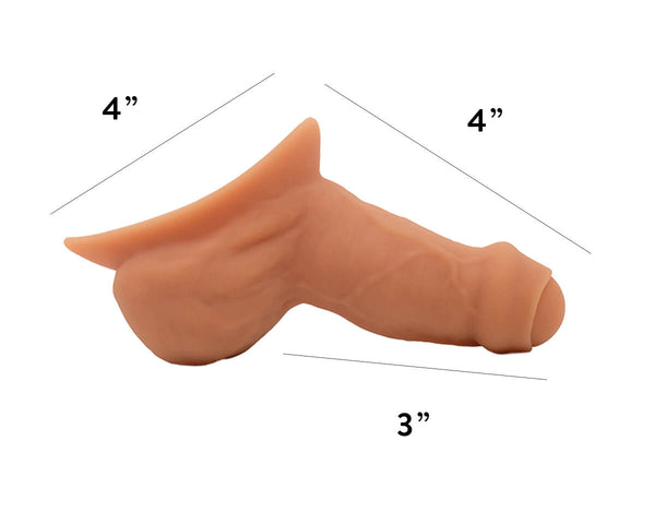 An image of a stand-to-pee device made of flesh-colored silicone, showing the device from multiple angles with measurements marked.