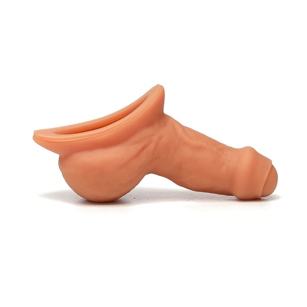 Side view of STP Freely Uncut stand to pee packer showing natural uncut detail and realistic design