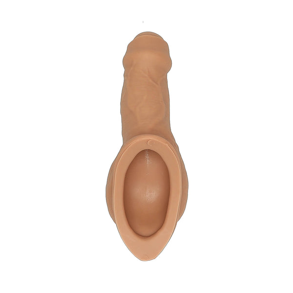 An image of a stand-to-pee device made of flesh-colored silicone, showing the device from multiple angles with dimensions marked.