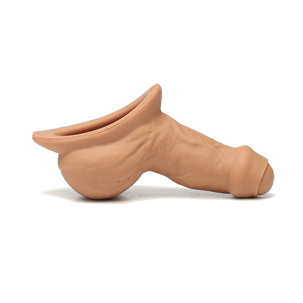 Side view of STP Freely Uncut stand to pee packer showing natural uncut detail and realistic design