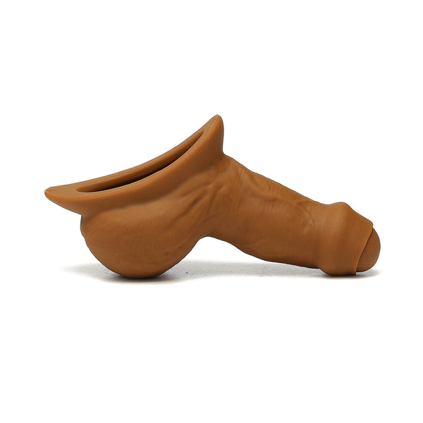 Side view of STP Freely Uncut stand to pee packer showing natural uncut detail and realistic design