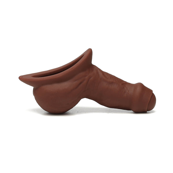 Side view of STP Freely Uncut stand to pee packer showing natural uncut detail and realistic design