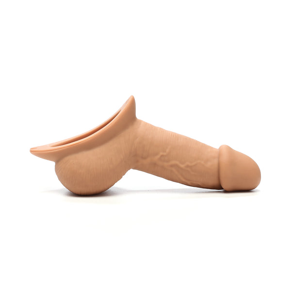 An image of the STP Freely XL 3-in-1 stand-to-pee device, showing its shape and dimensions. Dark Brown color 3 side view for 360 video