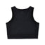 Black short-length tank top chest binder with thin straps and a mesh back, showing the back view.