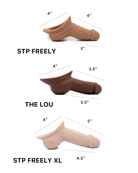 side view comparison photo stp freely color 3, the lou stp color 5 dark brown, and stp freely xl in the lightest color 1 all with measurments - trans packer